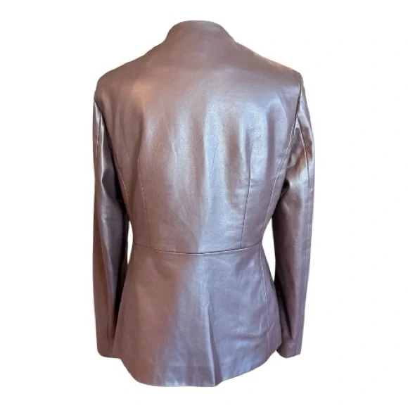 Elie Tahari V-Neck Vegan Leather Single Button Jacket, Chocolate Brown - Picture 4 of 7